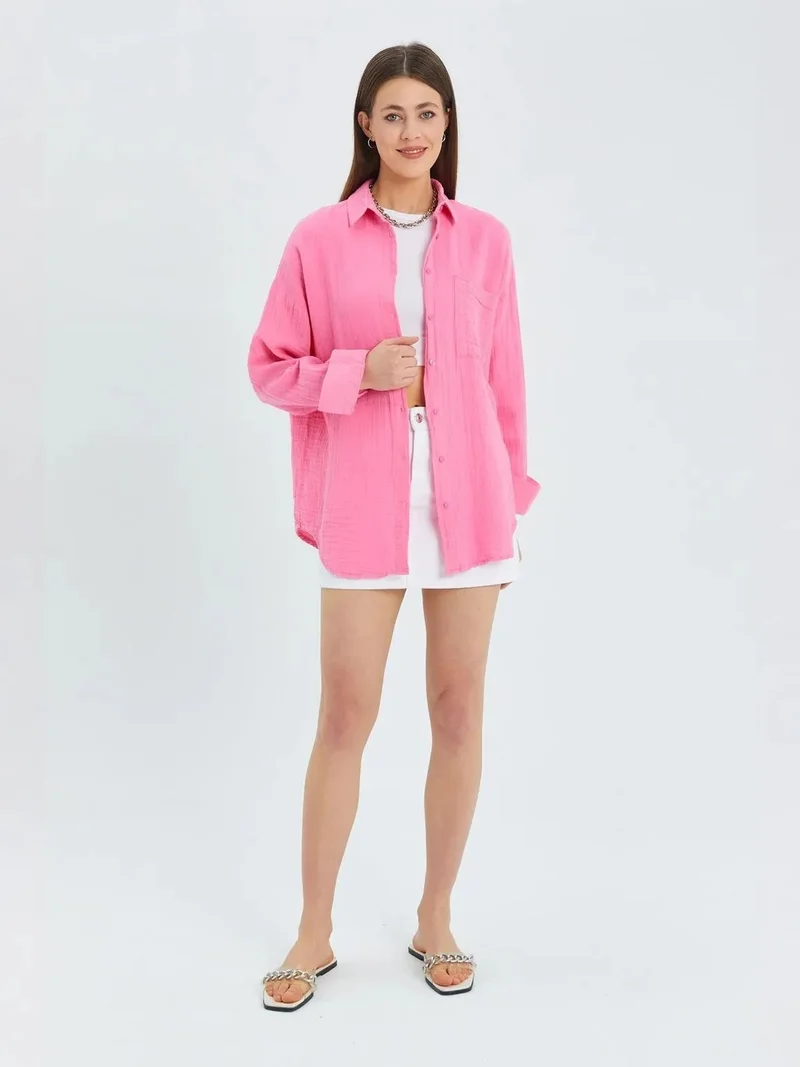 ميكسراي MIXRAY Oversized Linen Blended Button-Up Shirt with Pocket